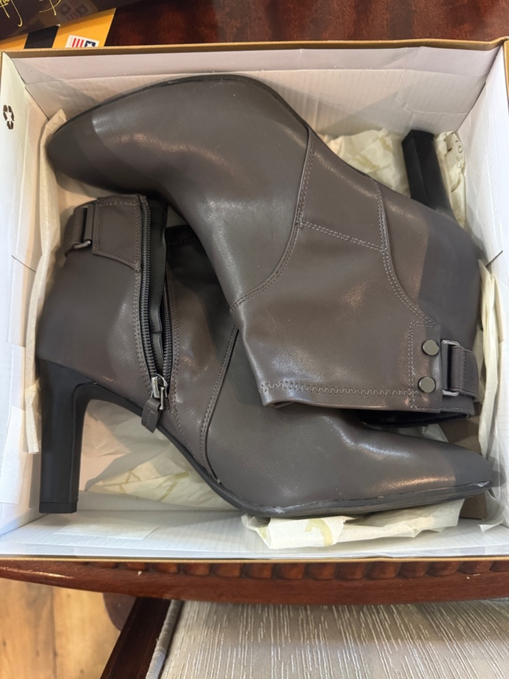 NWT Women’s Franco Sarto Gray Faux-Leather Ankle Boots - Chic Buckle Design
